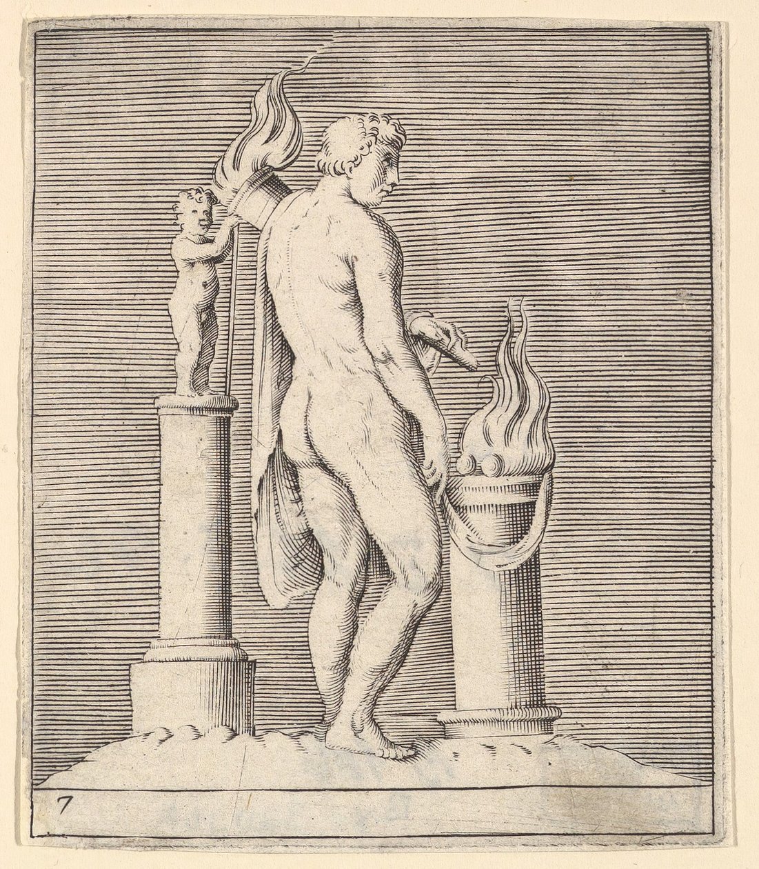 Man with Torch between Flaming Altar and Statuette by Unbekannt