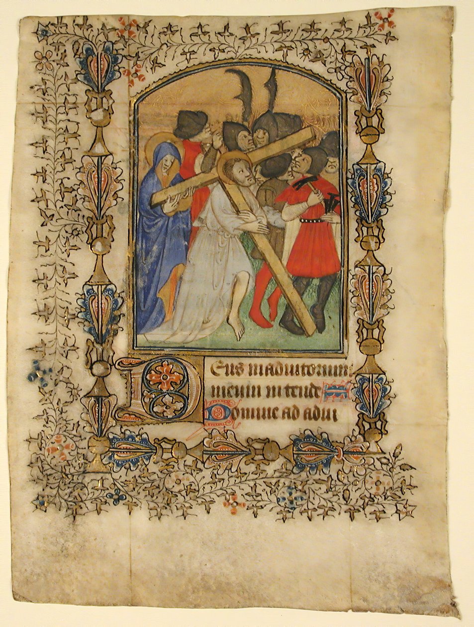 Manuscript Leaf from a Book of Hours... Illuminated Initial D and Christ Bearing the Cross, 1390-140 by Unbekannt