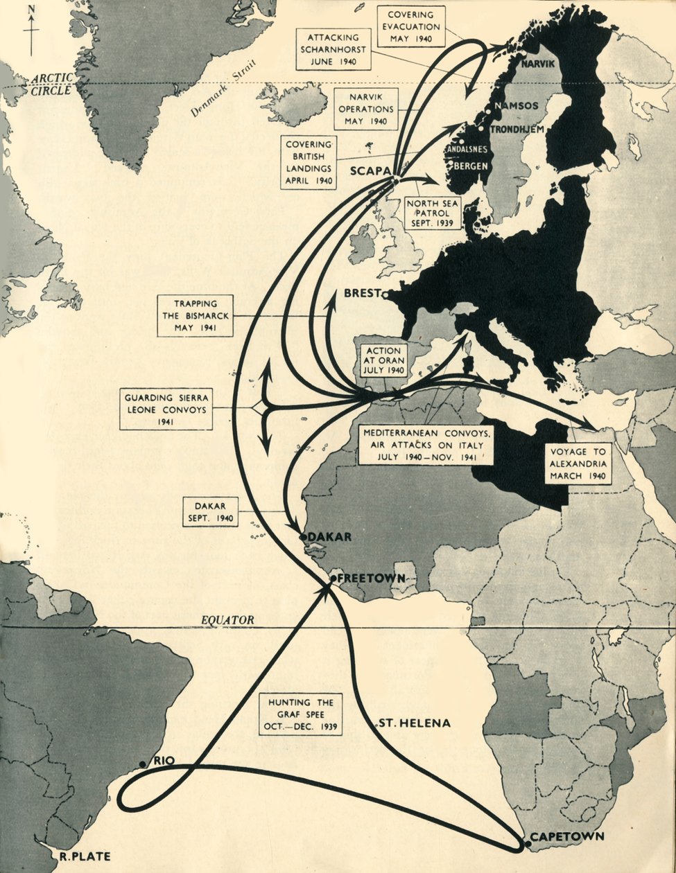Map showing the movements of HMS Ark Royal, 1939-1941 by Unbekannt