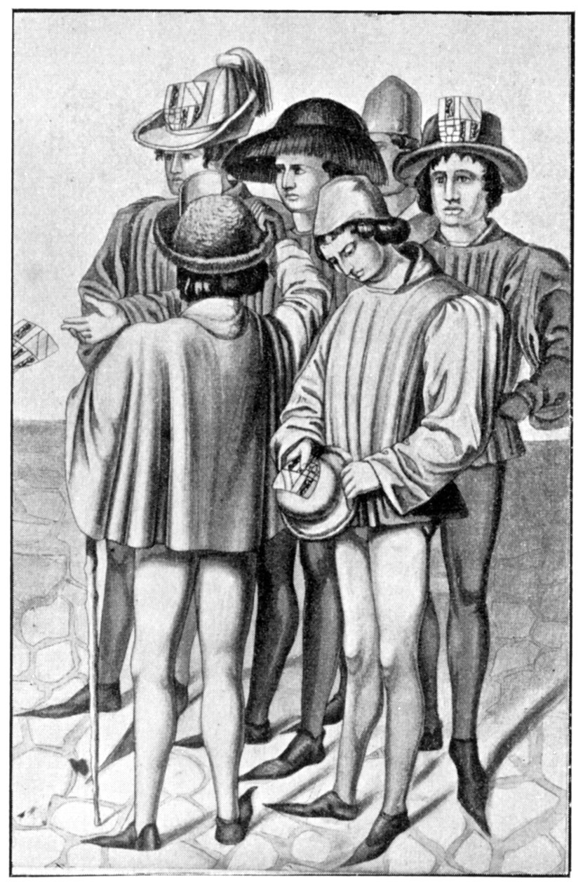 Men wearing favours in their hats 15th century 1910