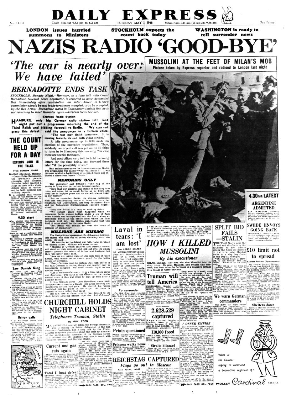 Nazis Radio Good-bye, front page of the Daily Express, 1 May 1945 by Unbekannt