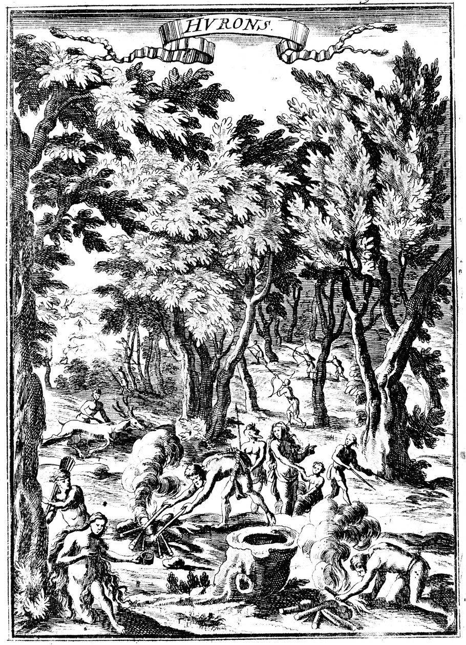 North American Huron Indians hunting and preparing food in woodland, 1686 by Unbekannt
