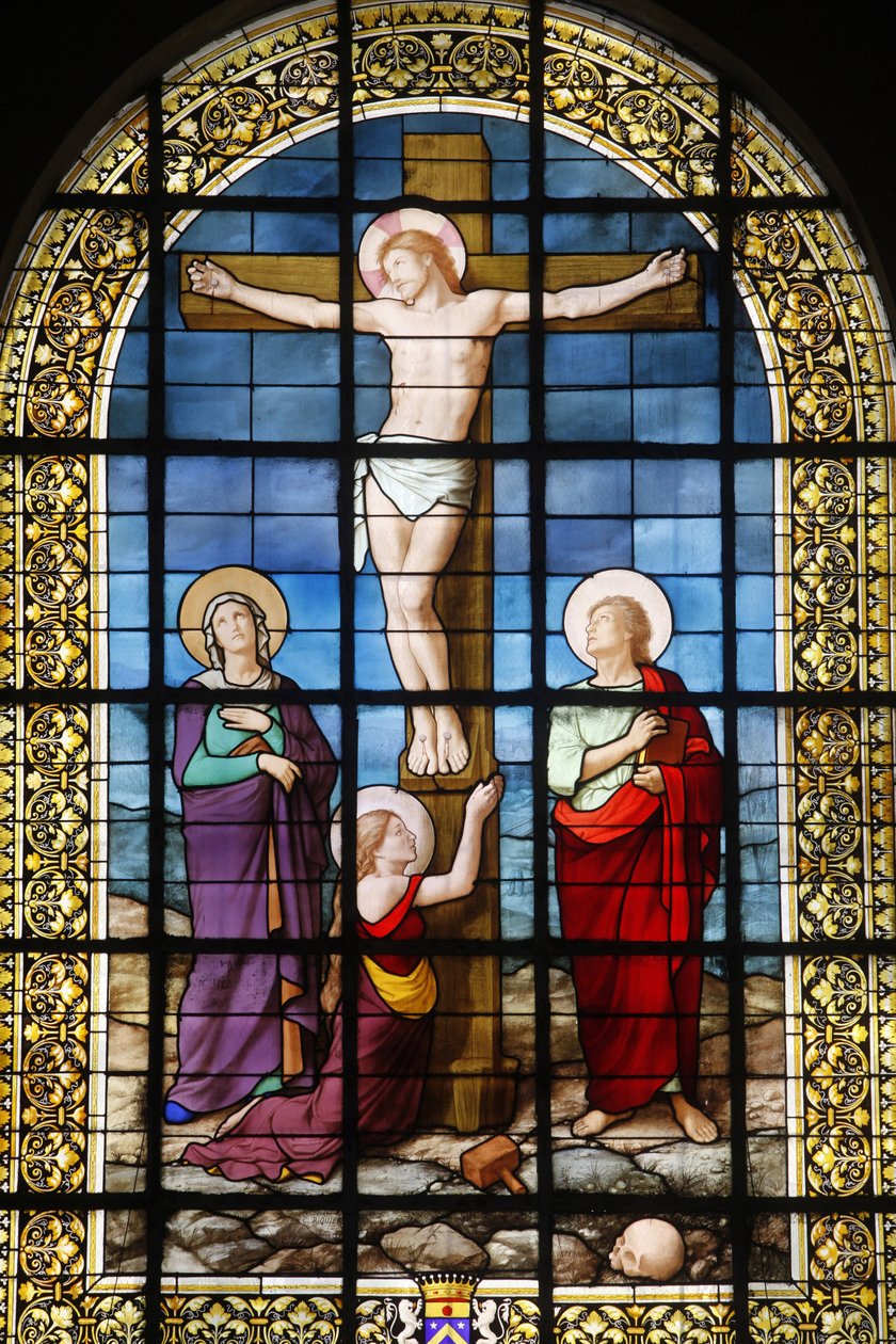 Christ on the Cross Stained Glass in Saint Roch Church, Paris, France