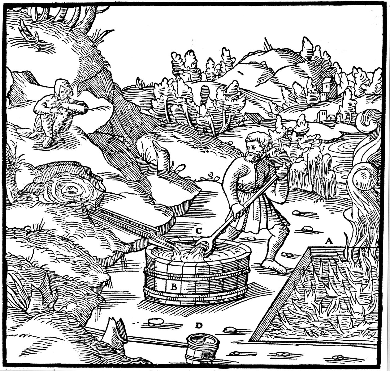 Producing salt by evaporating natural brine by pouring it into a pit of burning charcoal, 1556 by Unbekannt
