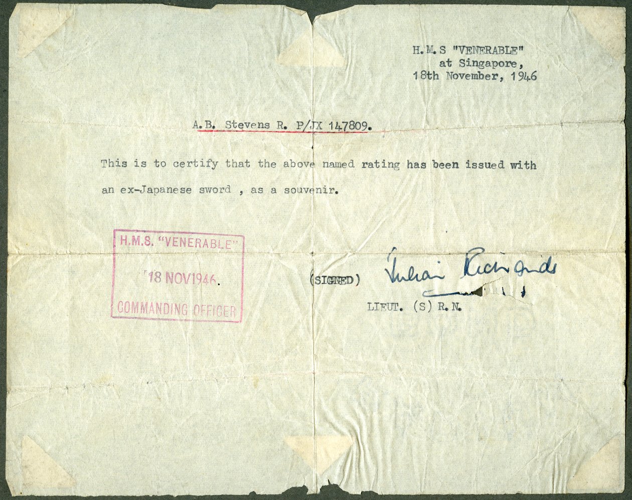 Receipt for an Ex-Japanese Sword, HMS Venerable, Singapore by Unbekannt