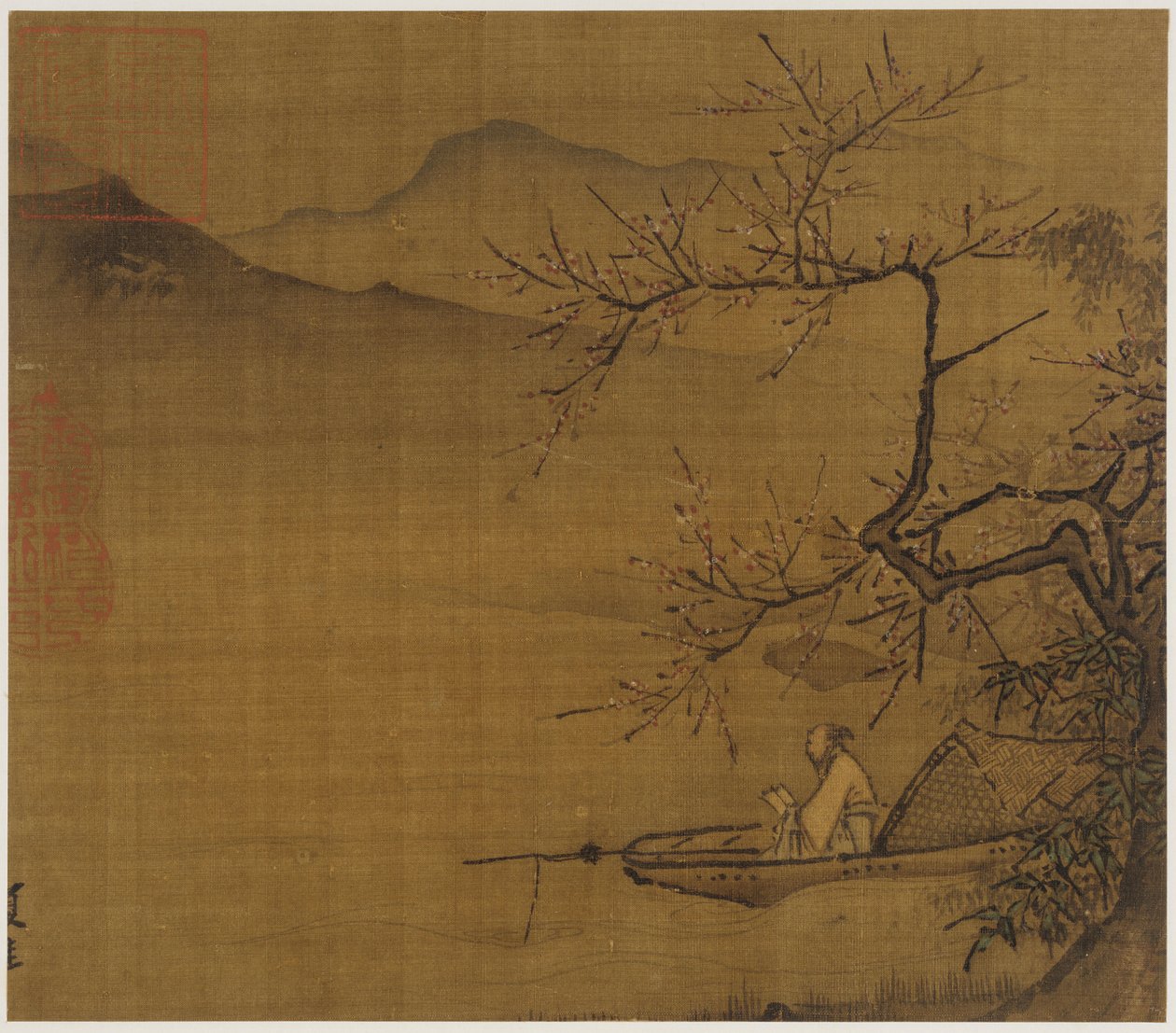 River Landscape: A Man Reading in a Boat Moored Under a Blossoming Tree by Unbekannt