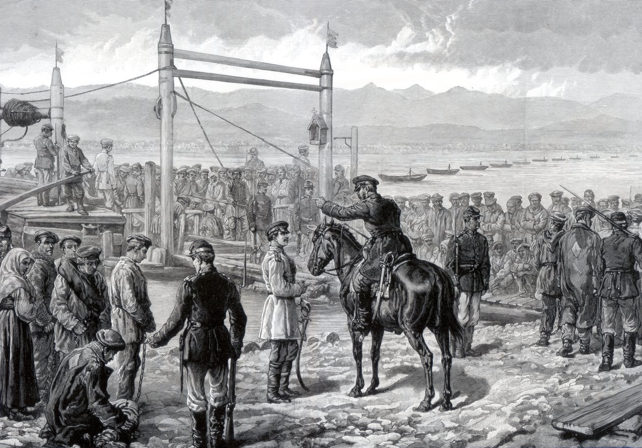 Russian convicts under military escort waiting to be ferried across the river Yenisei, Siberia by Unbekannt