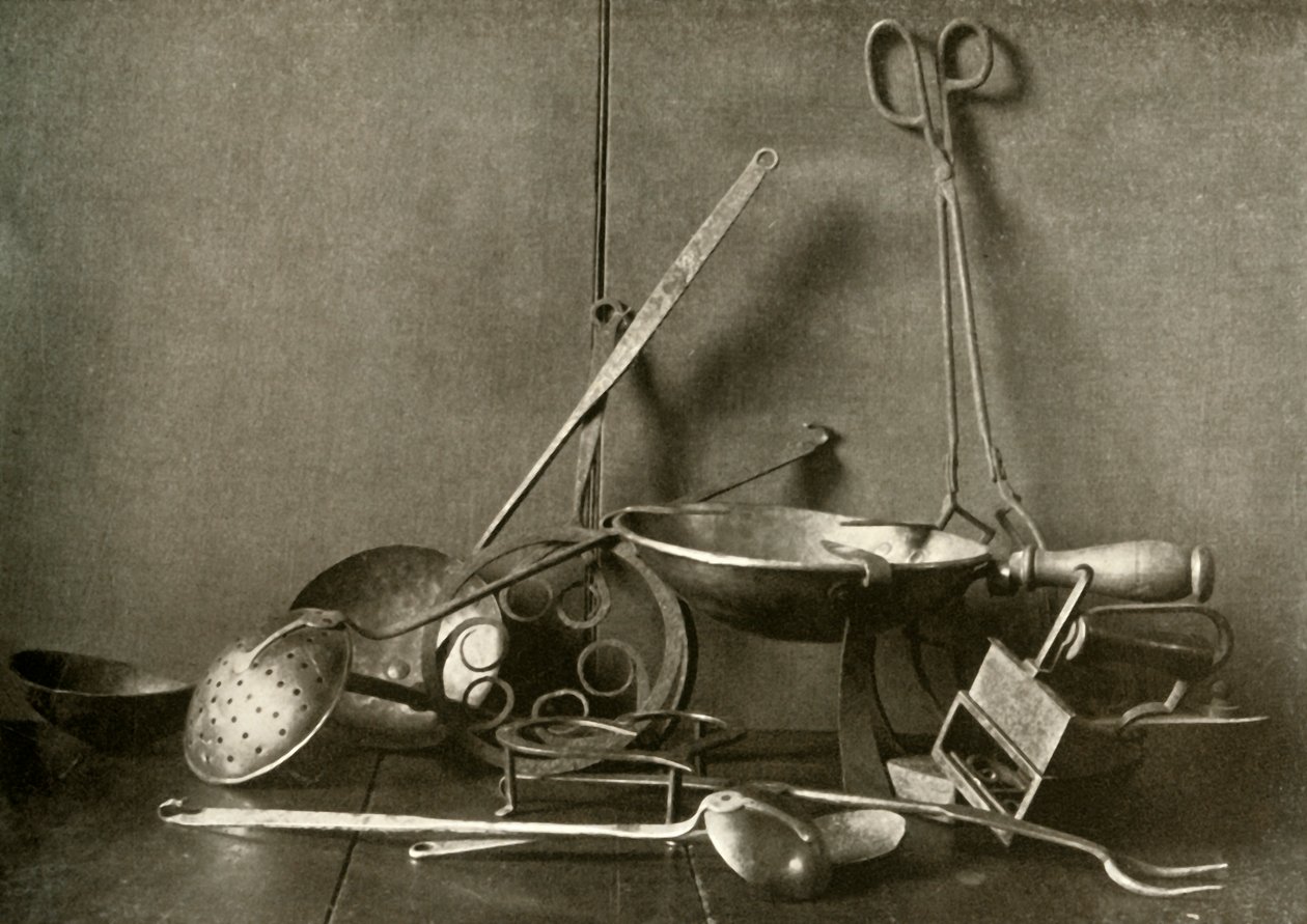 Sadiron, tongs, skimmer, fork, trivets and copper chopping-dish, c18th century by Unbekannt