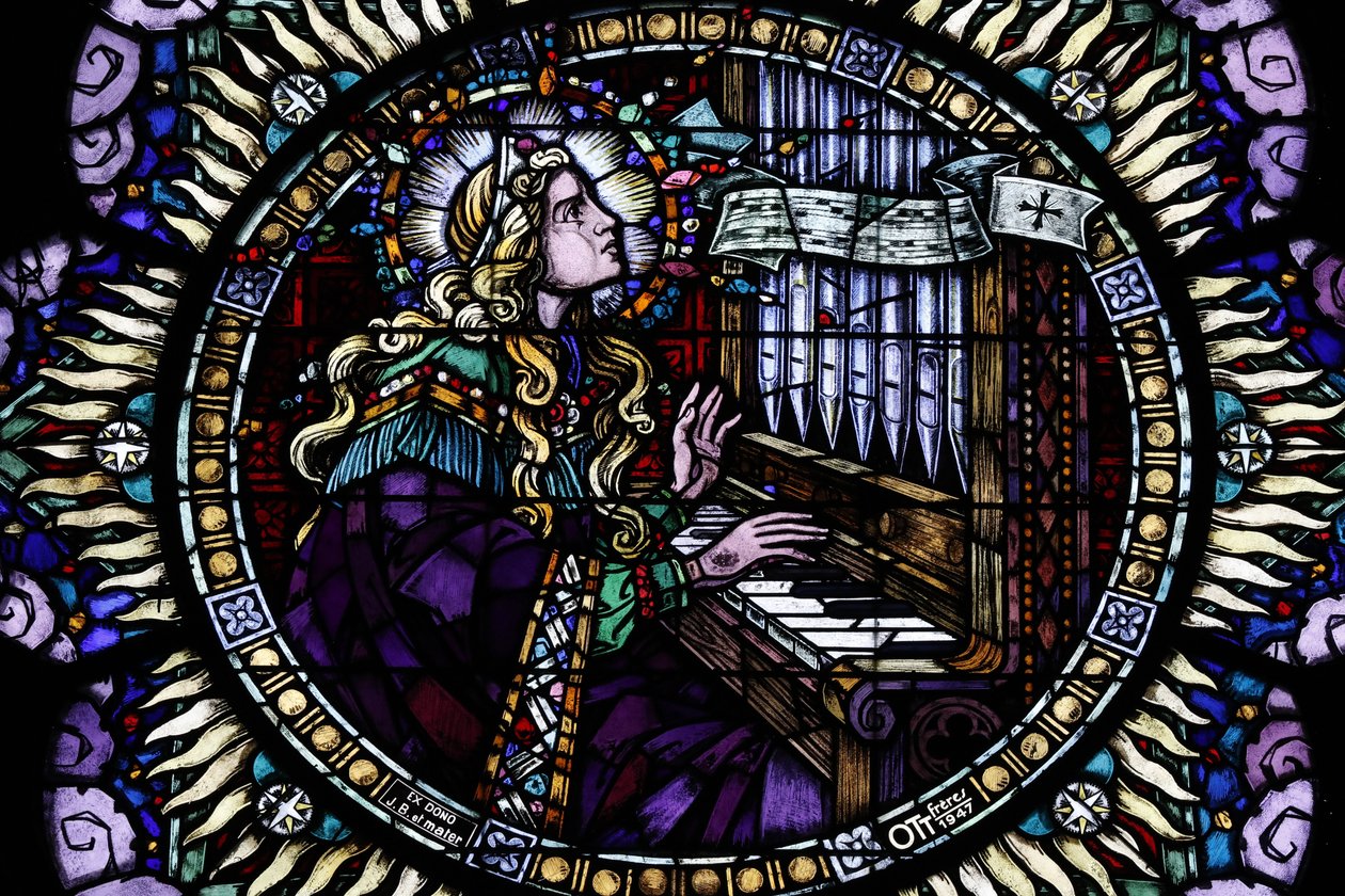 Saint-Pierre le Jeune Catholic Church. Rose window. Saint Cecilia, the musicians