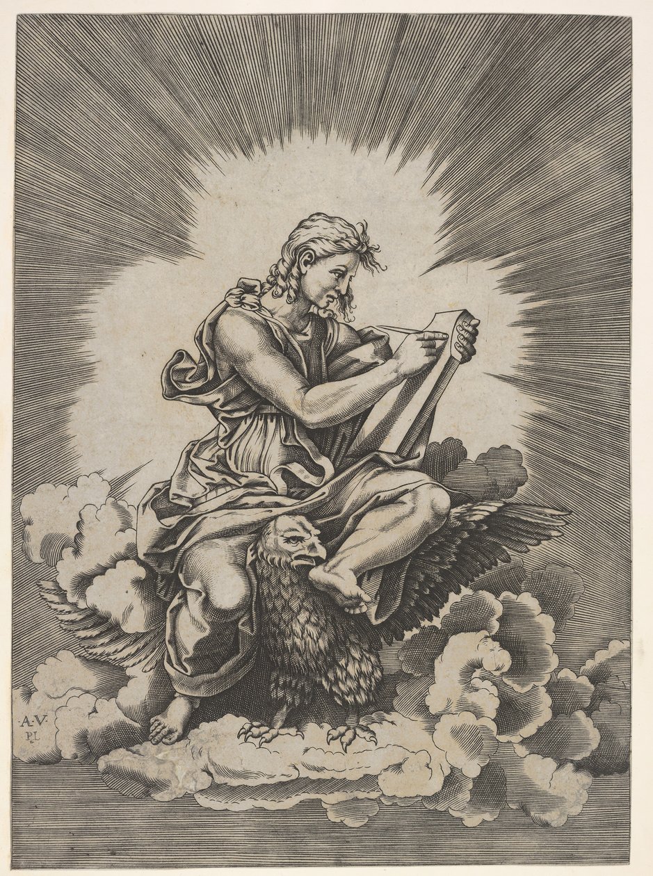 St. John, seated and holding a writing instrument to a tablet, an eagle with outstretched wings by Unbekannt