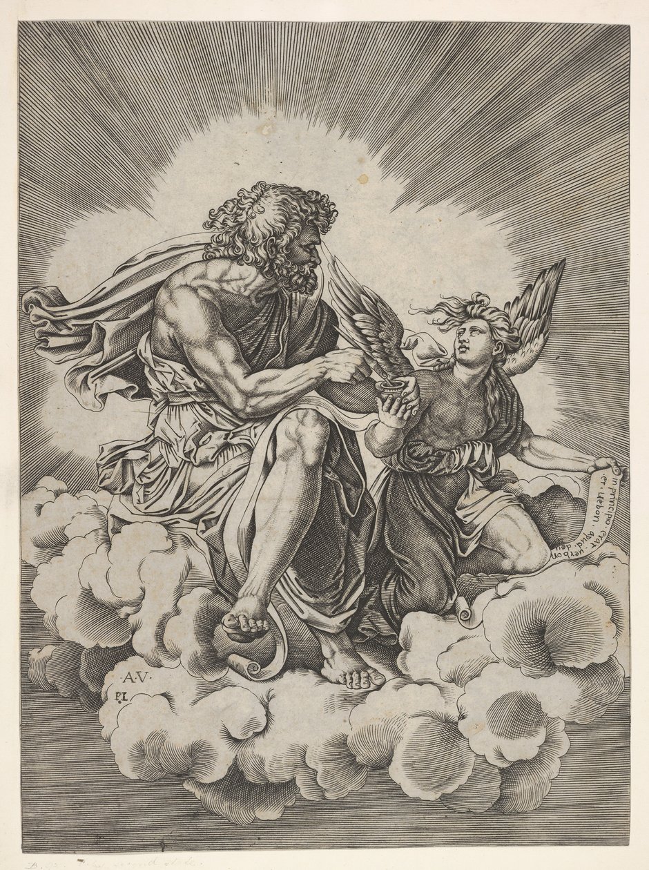 St. Matthew, seated on a cloud with legs crossed and dipping a quill into an inkwell by Unbekannt