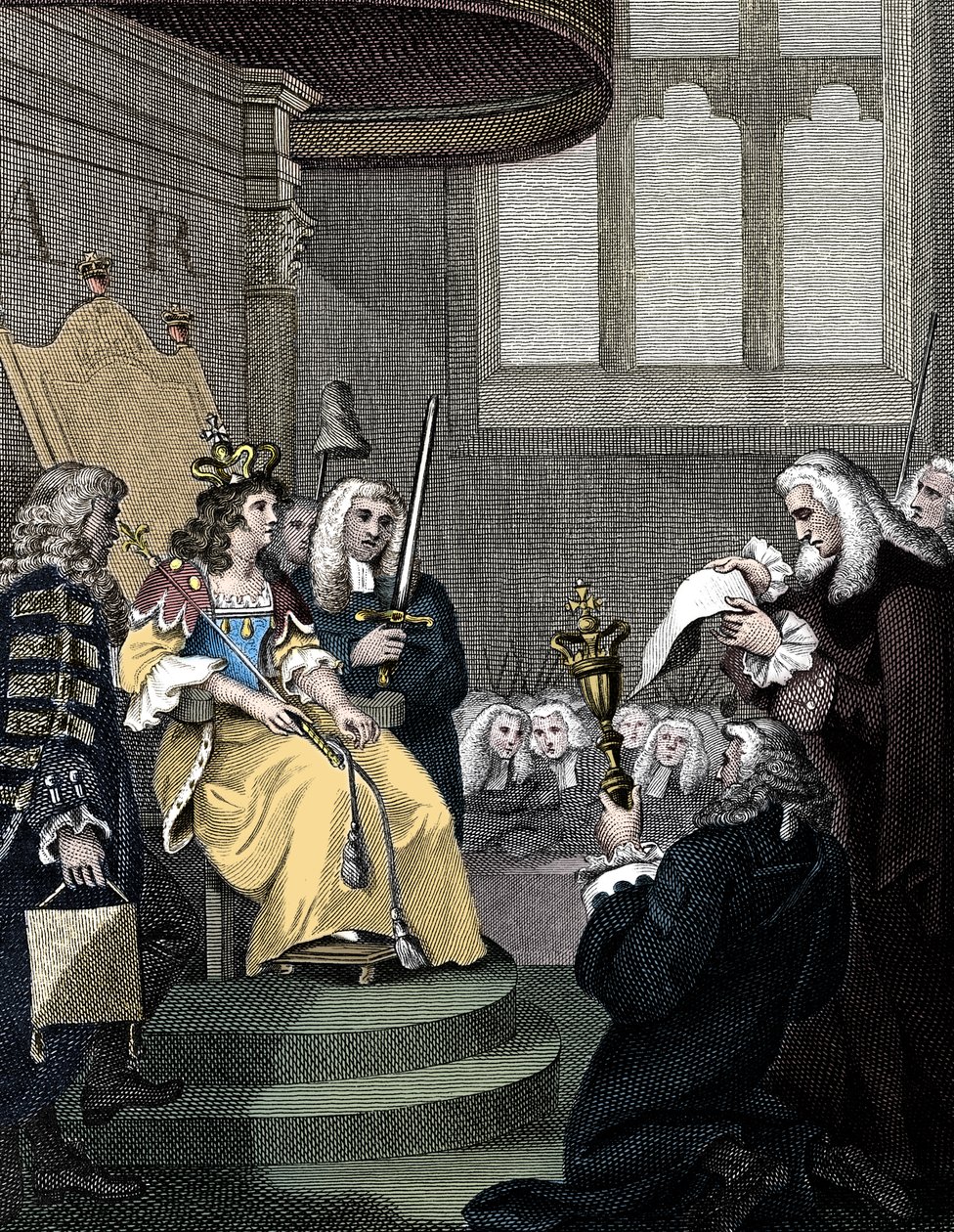 The Act of Union between England and Scotland being read before Queen Anne by Unbekannt