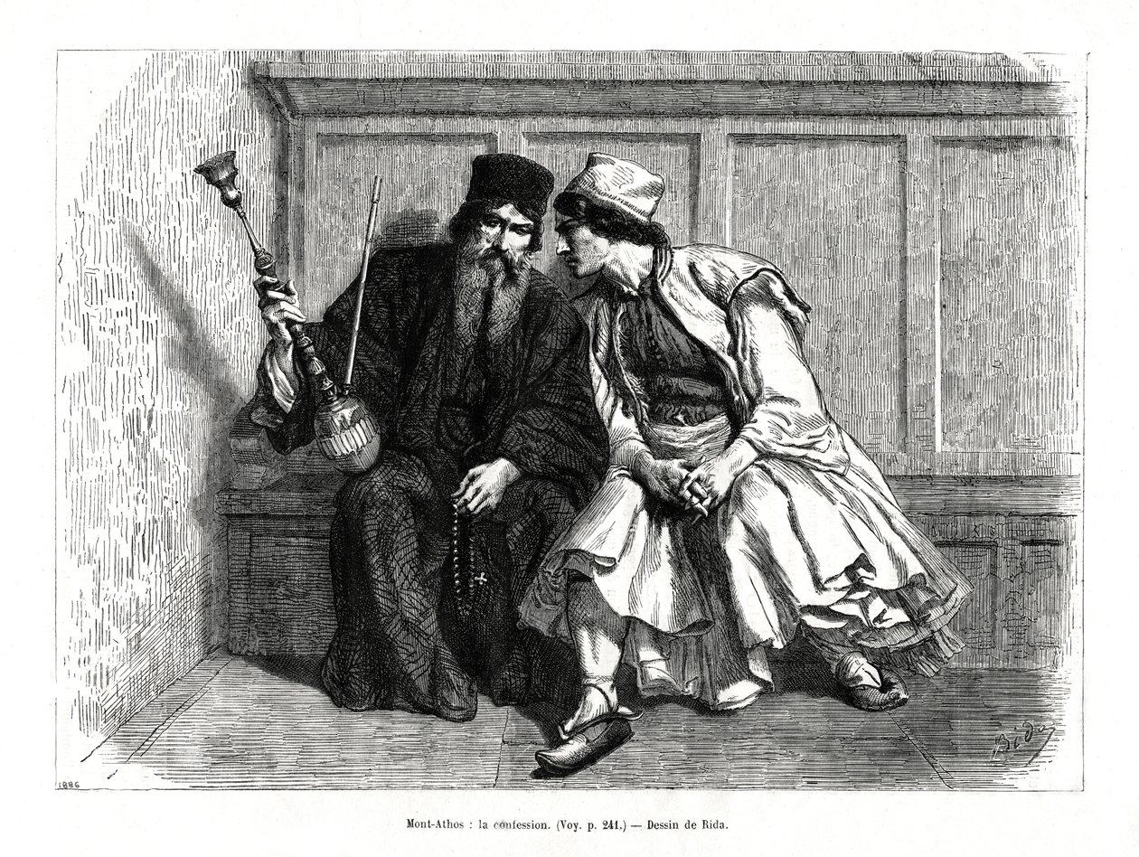 The Confession, Mount Athos, Northern Greece, 1886 by Unbekannt