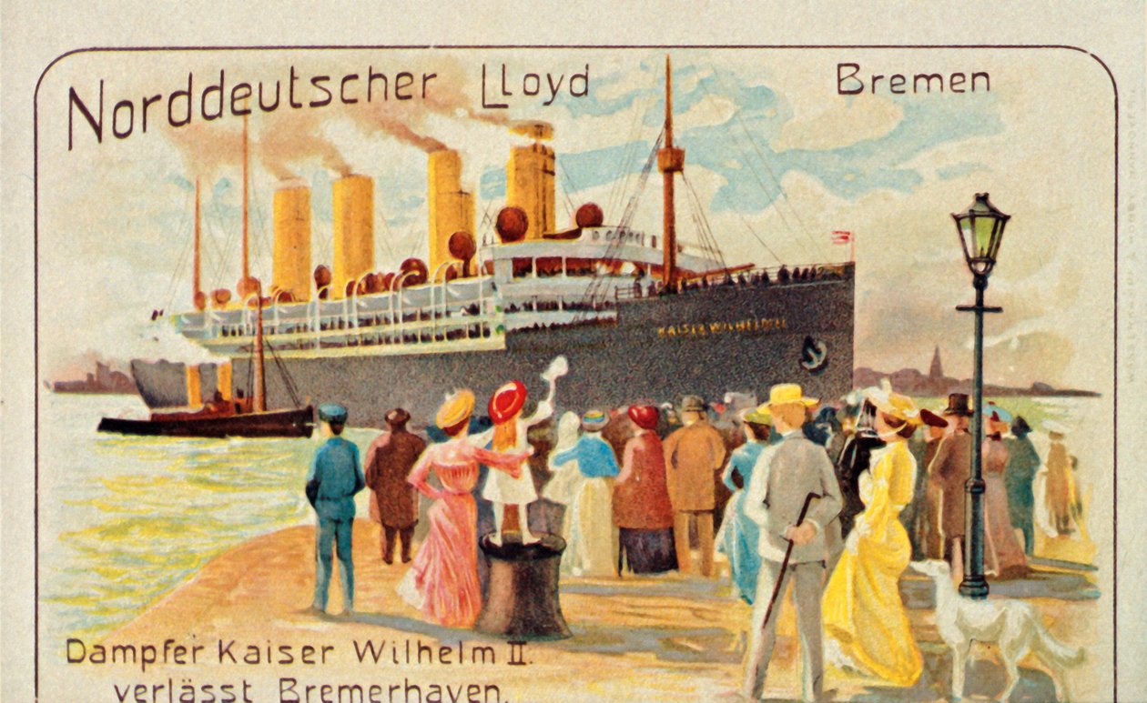 The giant SS Kaiser Wilhelm II pulls away from the quayside at Bremerhaven, Germany, 1905 by Unbekannt