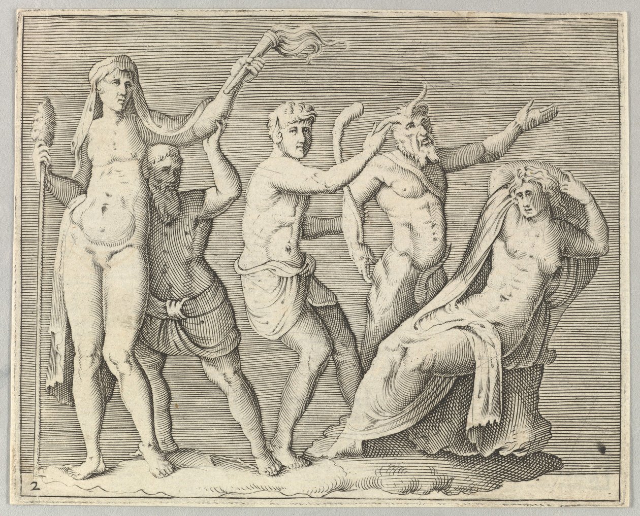 Two Figures, a Faun, and a Satyr Approach a Reclining Woman by Unbekannt