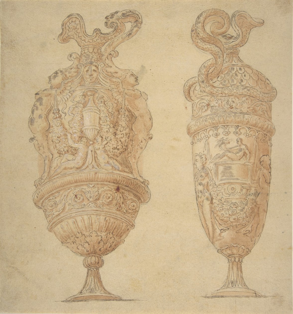 Two Urns Decorated with Human Figures, Animals and Garlands by Unbekannt