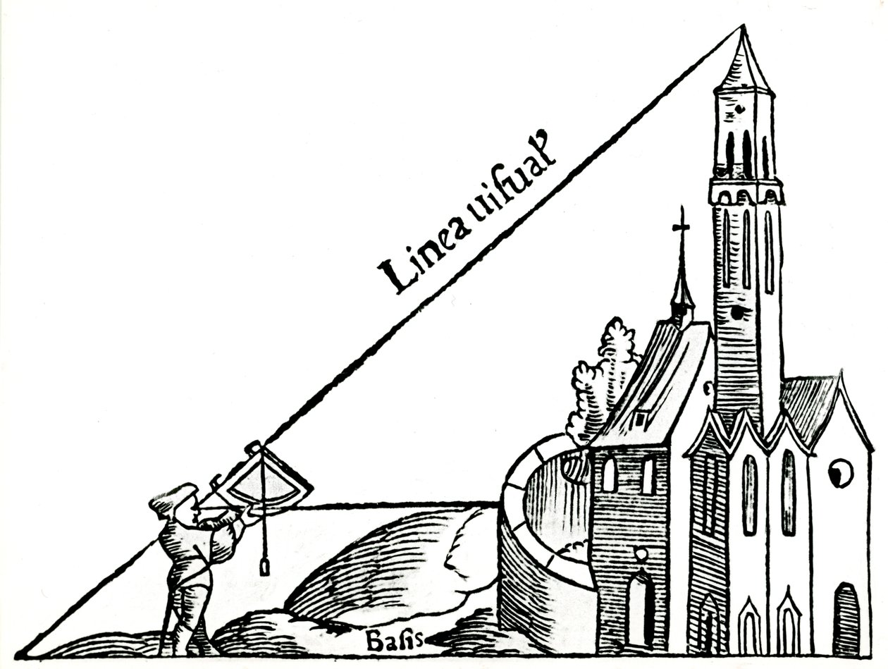 Using a quadrant with a plumb bob to calculate the height of a tower by triangulation by Unbekannt