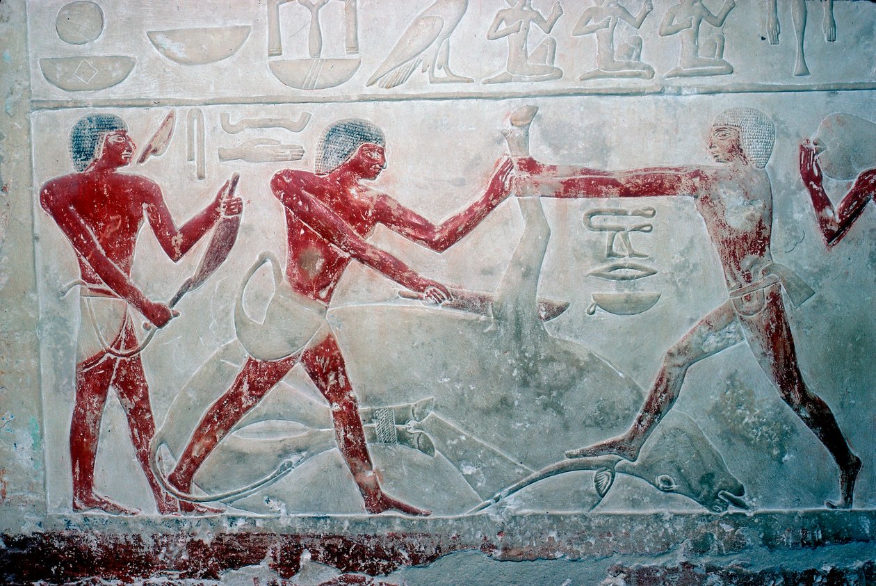 Wallpainting of 3 butchers cutting up a carcass, Tomb of Idut, 5th Dynasty, c. 2350 BC by Unbekannt