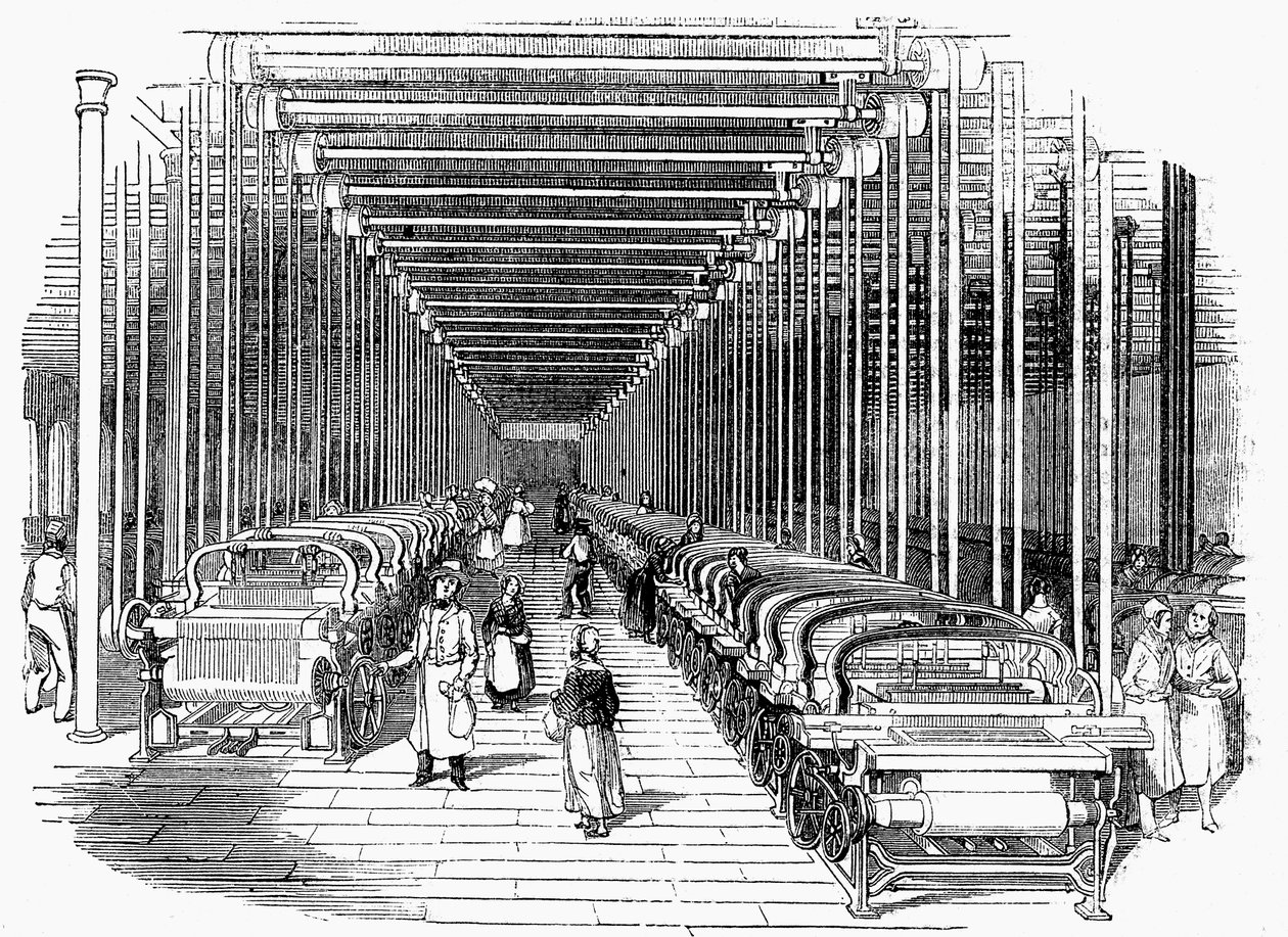 Weaving Shed Fitted with Rows of Power Looms Driven by Belt and Shafting, c1840 by Unbekannt