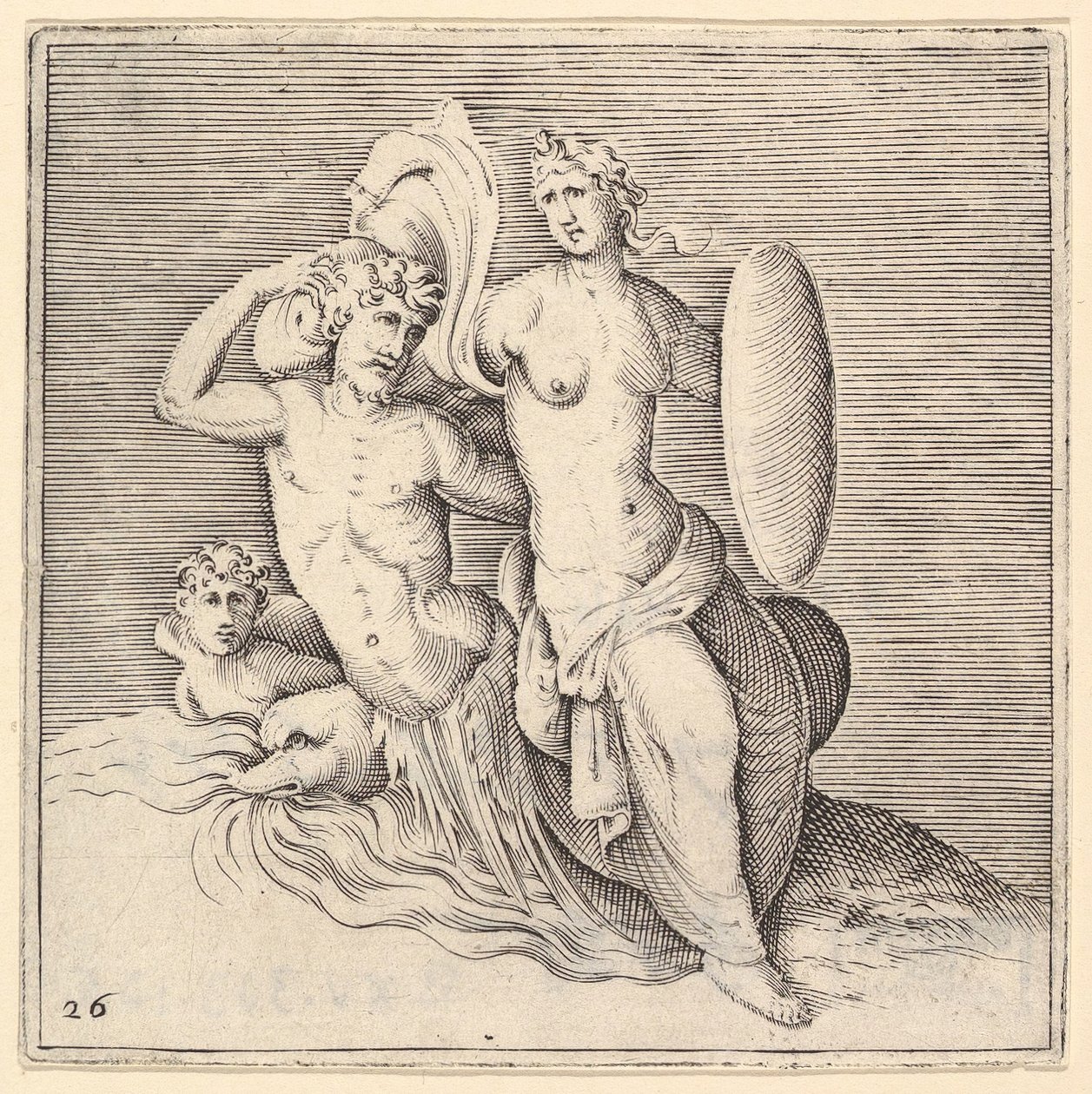 Woman with Shield Seated on Seamonster, published ca. 1599-1622 by Unbekannt