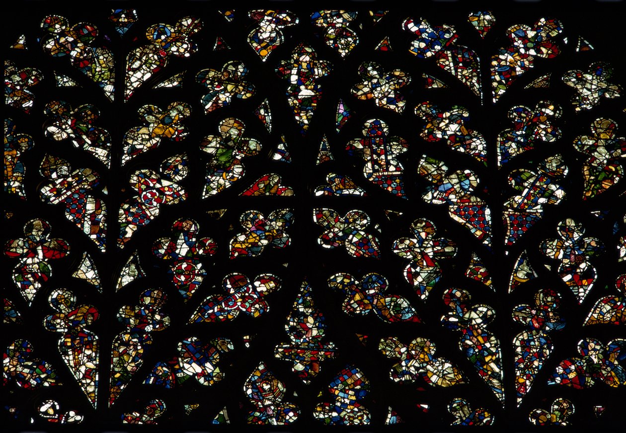 Abstract patterns of fragments of 13th century stained glass in the ...