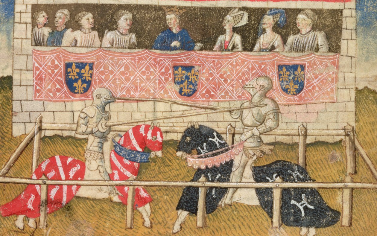 John Chalon of England and Lois de Beul of France jousting, from the Royal Armoury Manuscript, 1448 by Unbekannt Unbekannt