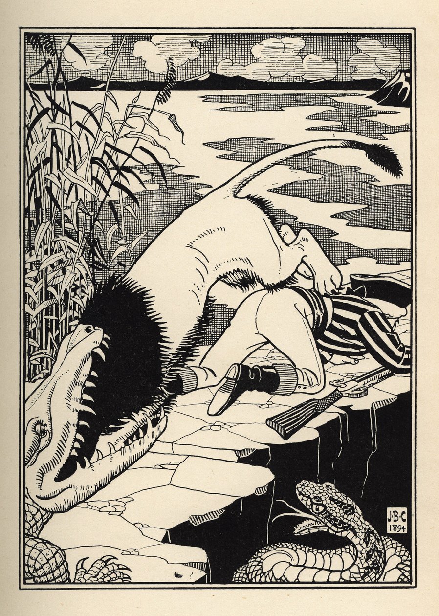 A lion who wanted to attack the Baron de Munchausen ended up with a crocodile. Illustration by William Strang and JB Clark from The Adventures of the Baron of Munchausen by Rudolf Erich Raspe by Unbekannt