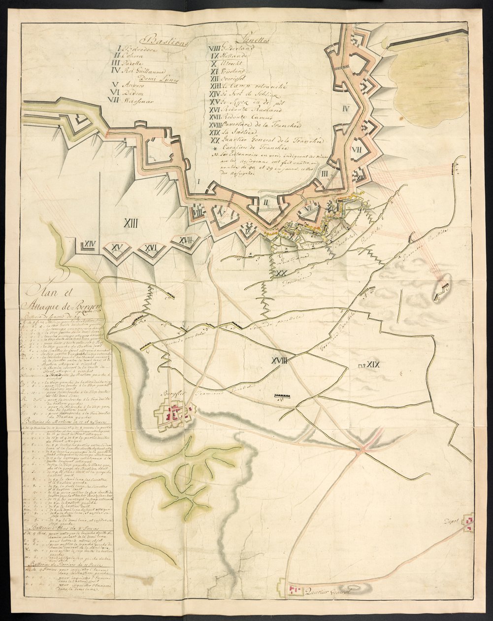 A tinted plan of the siege works. Journal of the siege of Bergen op Zoom, by the French, in 1747; preceded by an account of the state of the French artillery at that time. by Unbekannter Künstler