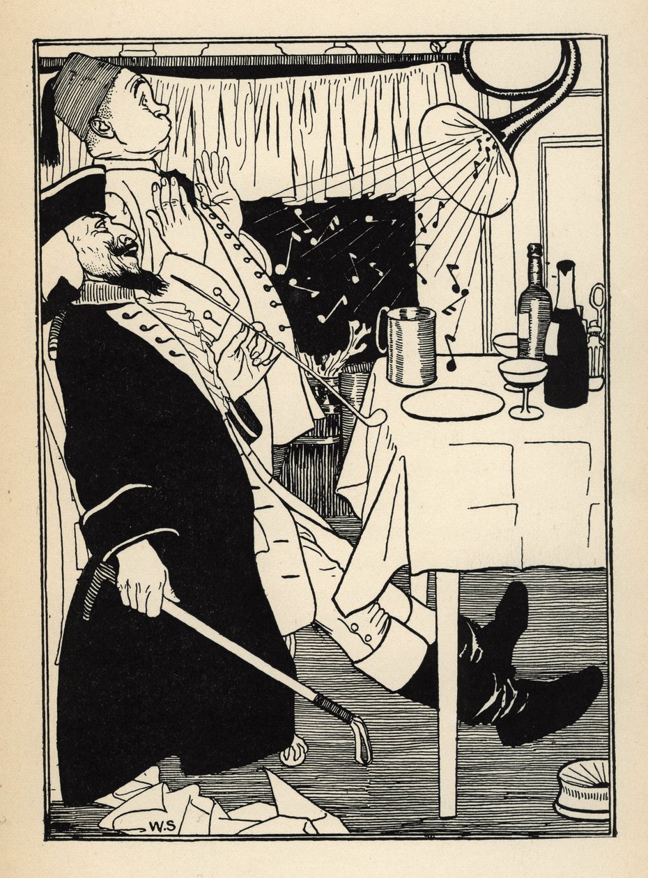 A trumpet that had frozen, produces sounds on its own when it heats up, to the amusement and amazement of all. Illustration by William Strang and JB Clark from 