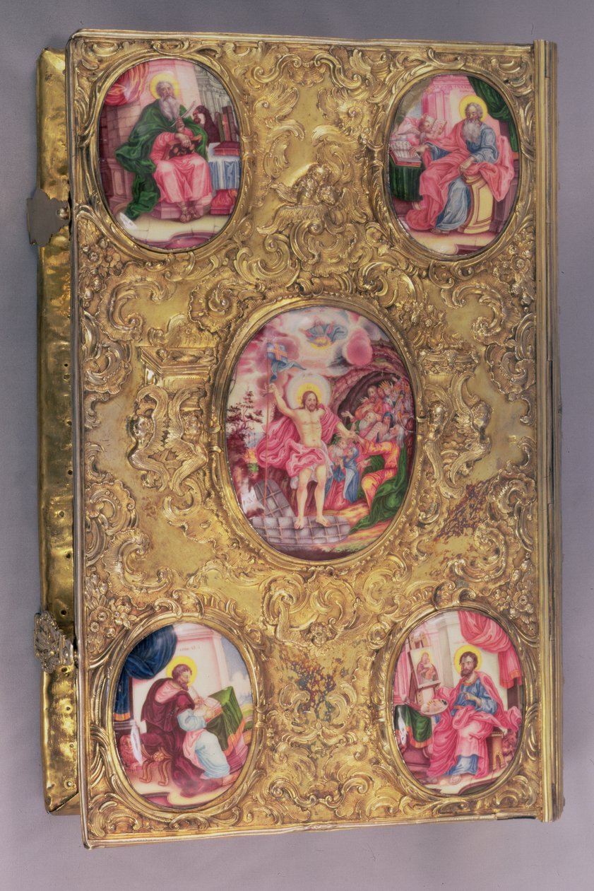 Altar Gospel of Elaborately Worked Silver Inset with Enamel Medallions, the Central One Depicting the Resurrection, with Four Corner Medallions Depicting the Four Evangelists, by Pyotr Afinogenov, Moscow by Unbekannt