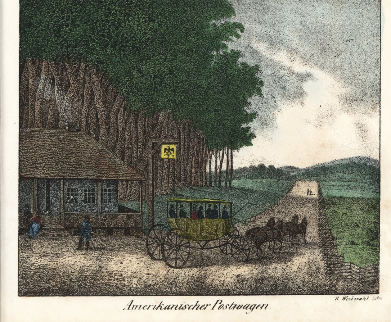 An American post office and a diligence. Lithography for the book: “Galerie complete en tableaux fideles des peuples d