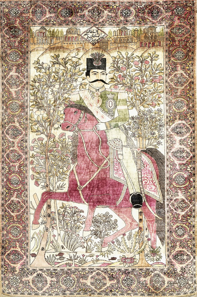 An Antique Silk Kashan Mochtasham Pictorial Rug, Depicting the Mounted Figure of Naser al-Din Shah by Unbekannt