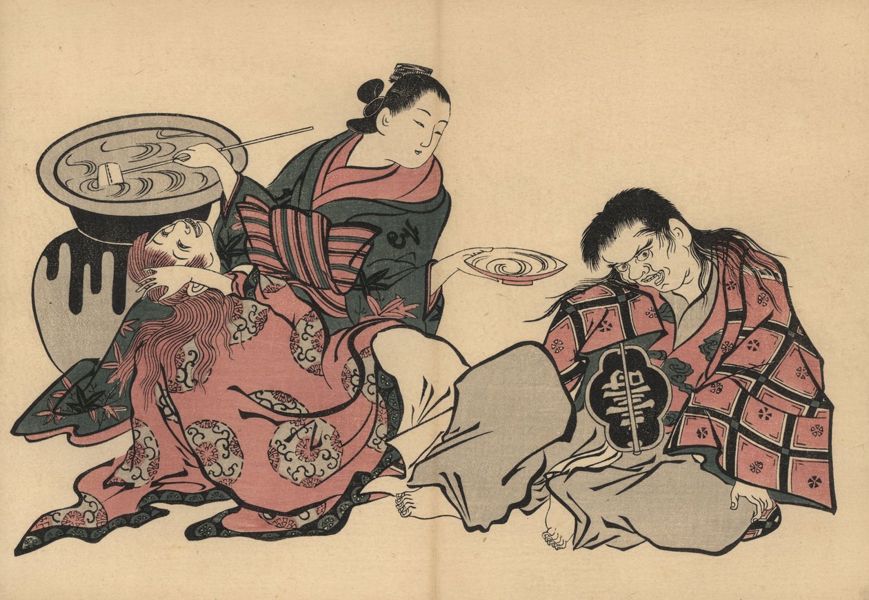 An oiran courtesan playing two shojo with sake from a huge vase. Woodblock print by Masanobu Okumura (1686-1764) from Fuzoku Emakimono, Picture Scroll of the Water Trade, Tokyo, reprint circa 1880. by Unbekannter Künstler
