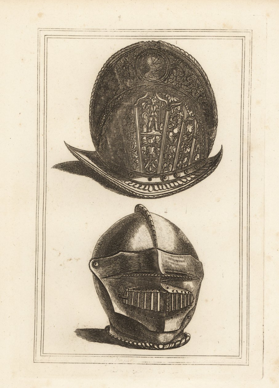 Ancient Venetian Morion Helmet Ornamented with Military Trophies, and a Burgonet Helmet with Unified Visor and Bever from the Tower of London by Unbekannt