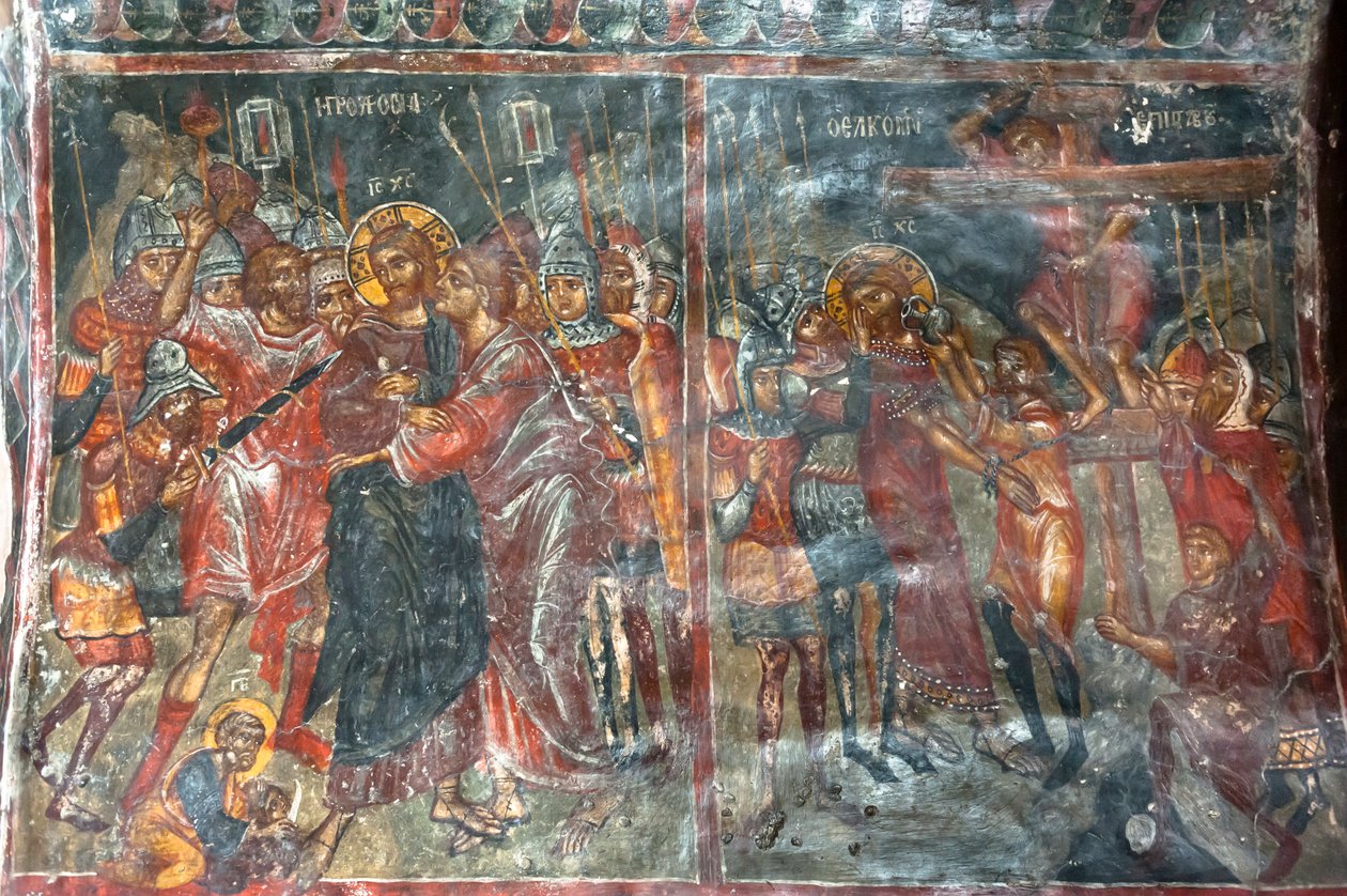 Ancient Frescoes; Wall Paintings; Kiss of Judas; Crucifixion of Jesus; Panagia and Sotiras Church; Greek Orthodox Church; Roustika; Crete; Greece by Unbekannt