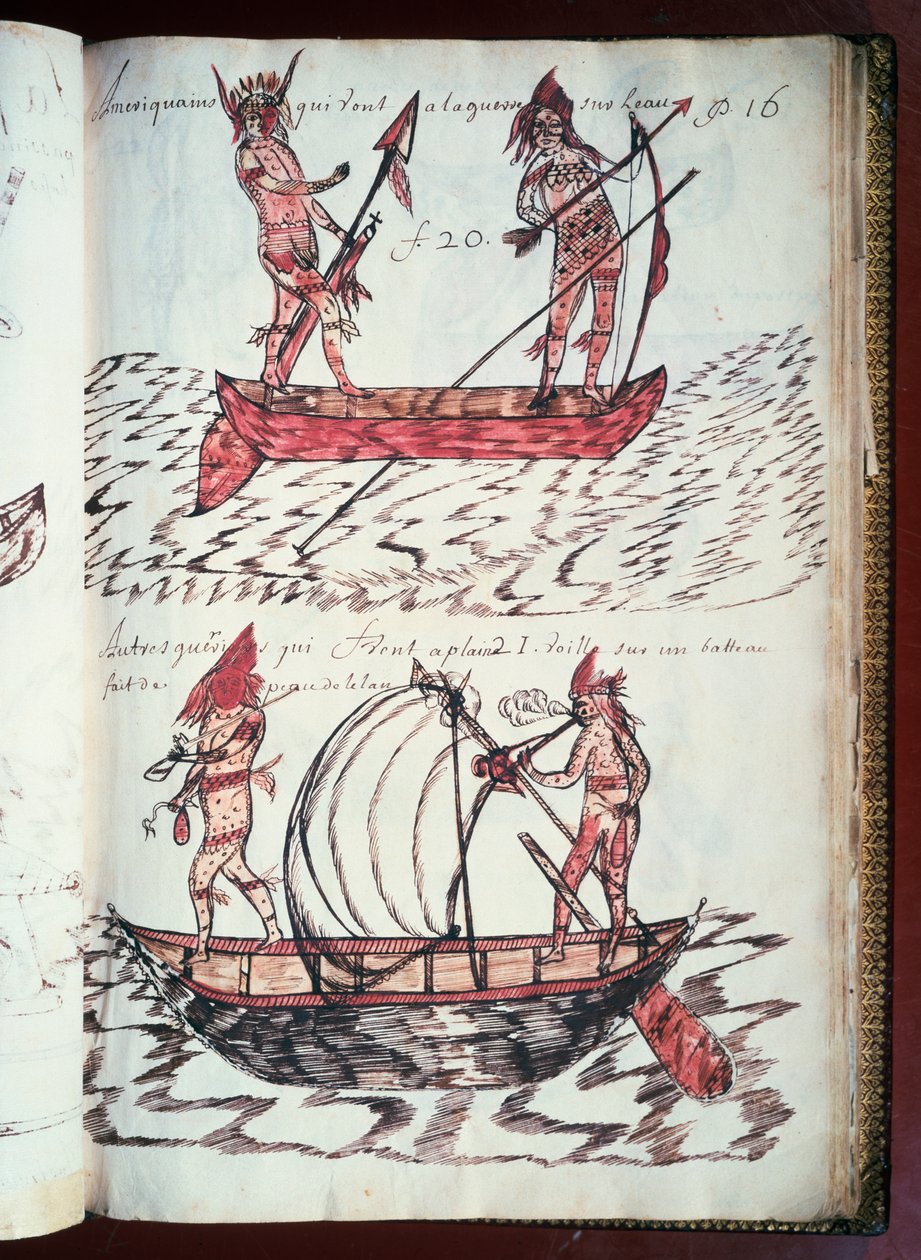 Boats of Indians, page from Codex Canadensis, manuscript on parchment by Louis Nicolas, France by William M. Timlin