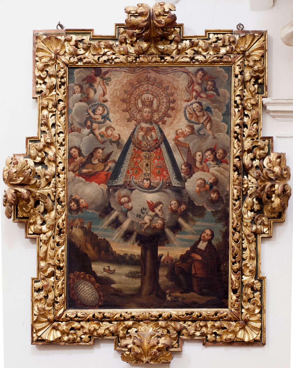 Collegiate Church. Interior. Painting. (Nuestra Señora de la Esperanza). Text in a medallion: “RETRA TOD LA MIL CROSA Imajen DNUESTRA S DL Esperanza A Parecida A Fernando de ZILLLa Faño iezi rodela Villa Riue mde el Tajo ter mi?to esta villa”. Signed ? and by Unbekannt