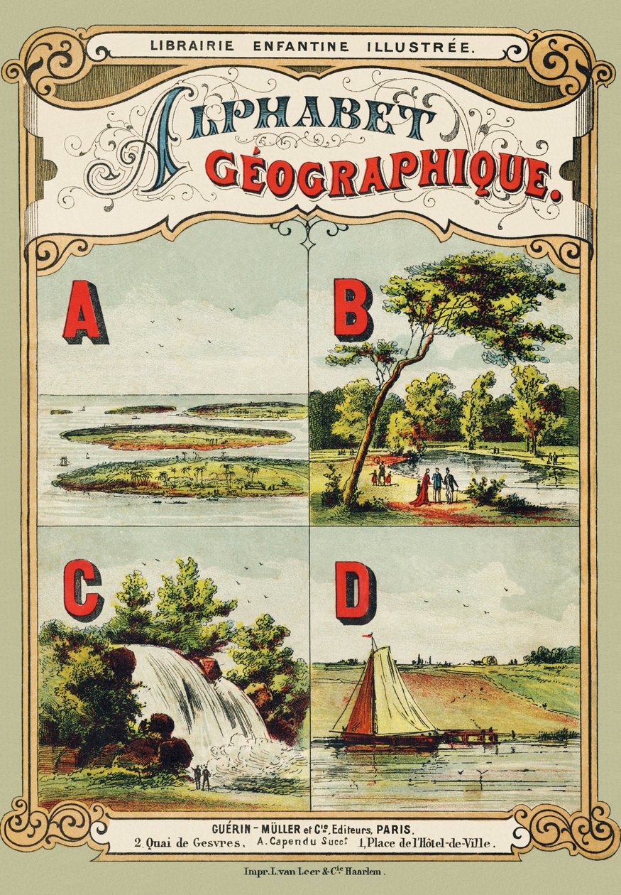 Cover: A: Archipelago, B: Bois de Boulogne, C: Cascade, D: Dyke - Engraving from Geographical Alphabet. Guerin-Muller et Cie, publishers, Paris by Unbekannt