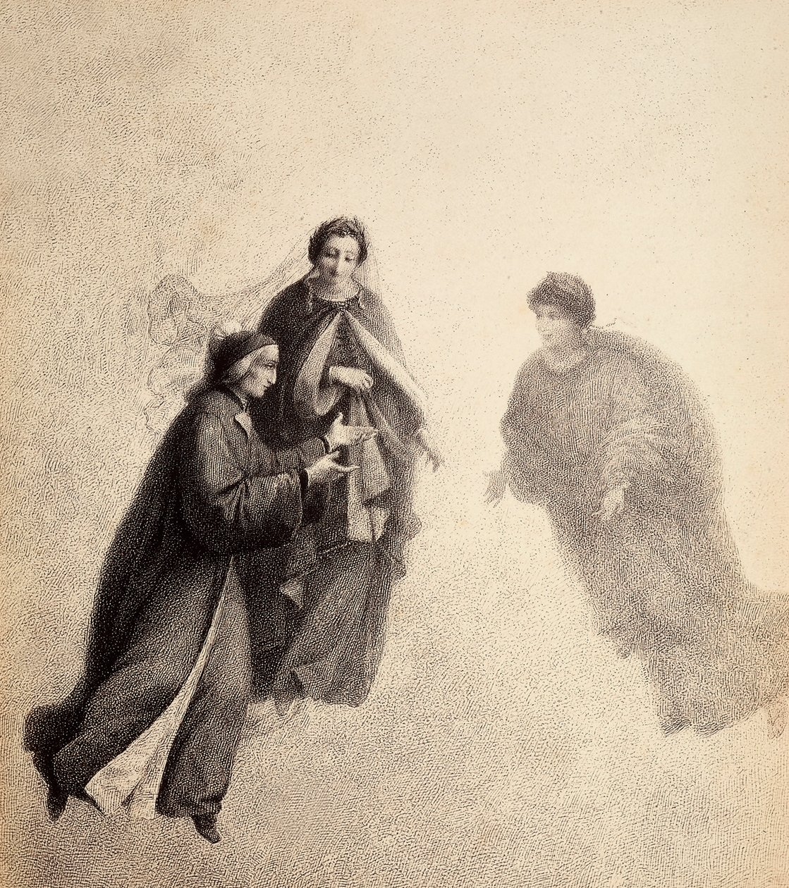 Dante, urged by Beatrice, speaks with a pious spirit. Illustration of Canto V in Paradiso of The Divine Comedy by Dante Alighieri. Work of Francesco Scaramuzza dedicated to the Municipality of Florence by Unbekannter Künstler