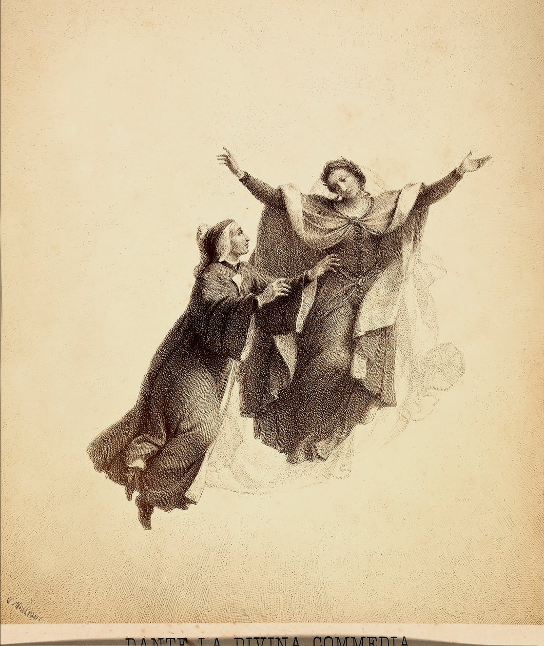 Dante with Open Arms Led in Flight by Beatrice Through the Firmament of Paradise (Illustration of Canto I of Paradiso of The Divine Comedy by Dante Alighieri) by Unbekannter Künstler