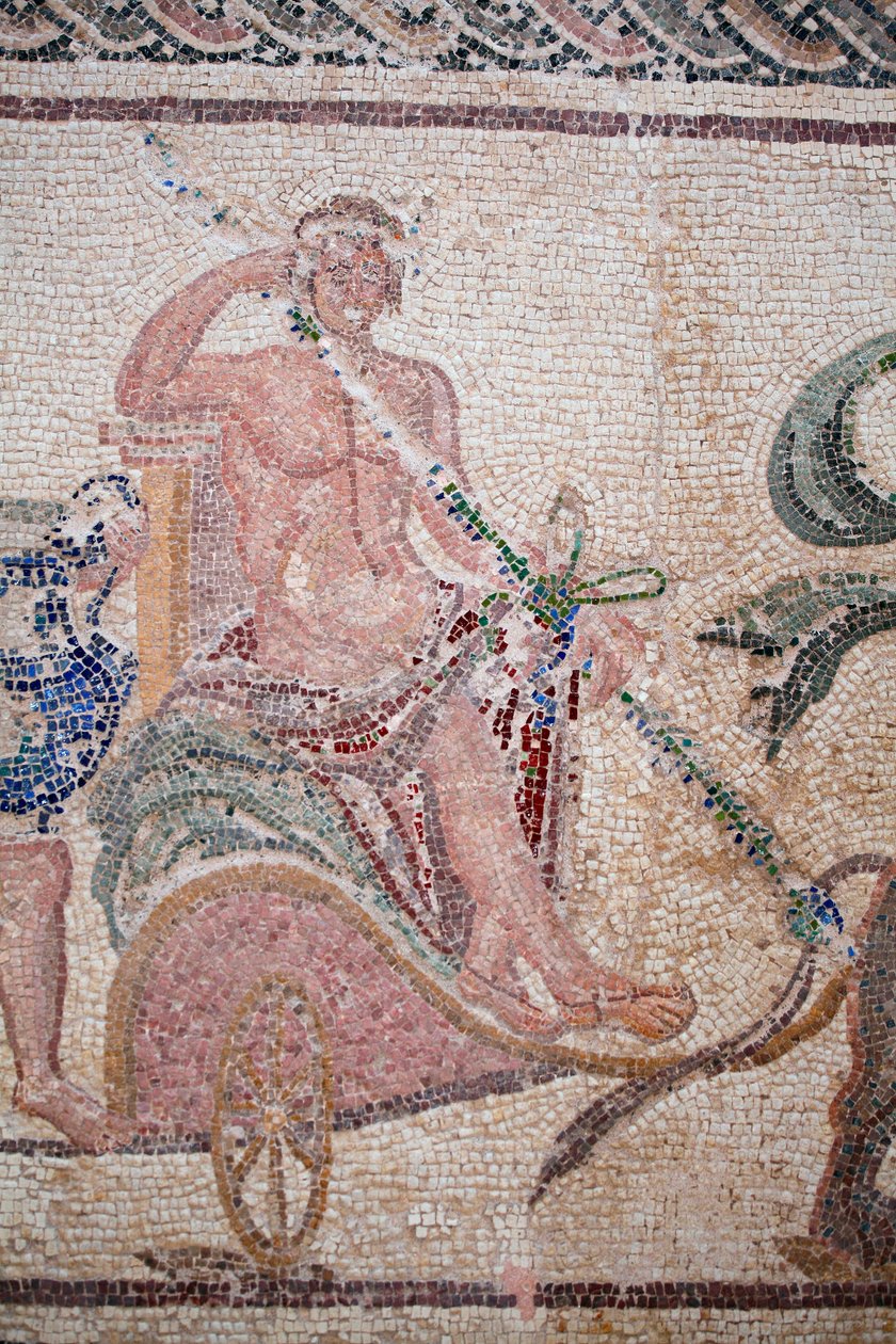 The Triumph of Dionysos - Return of the god from a military expedition to India - Dionysos seated on a chariot drawn by two panthers - Paphos mosaics, House of Dionysos, End of the 2nd Century AD - Cyprus - (detail) by William M. Timlin