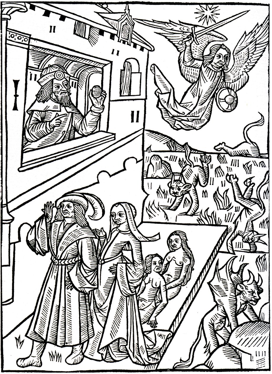 Devils are pursued by the Archangel Saint Michael, while humans continue their activities by 