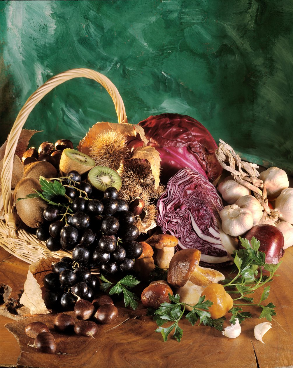 Diet: Still Life of Black Grapes, Garlic, Onion, Garlic Clove, Parsley, Mushroom, Chestnut, Kiwi, and Red Cabbage by William M. Timlin