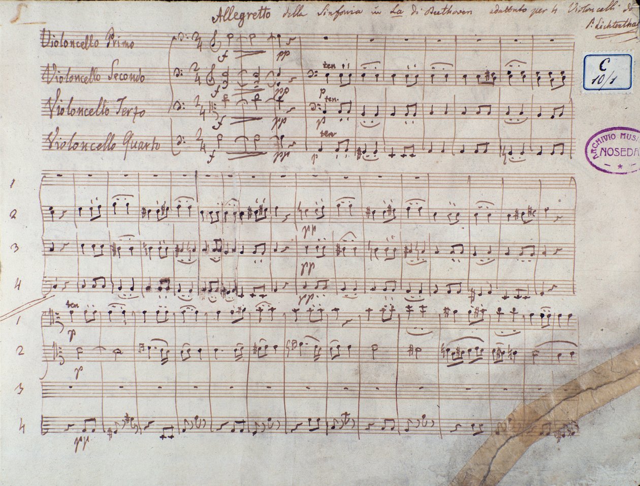 First Page of the Score for Four Cellos of Symphony No. 7 in A Major, Op. 92, by Ludwig van Beethoven by Unbekannter Künstler