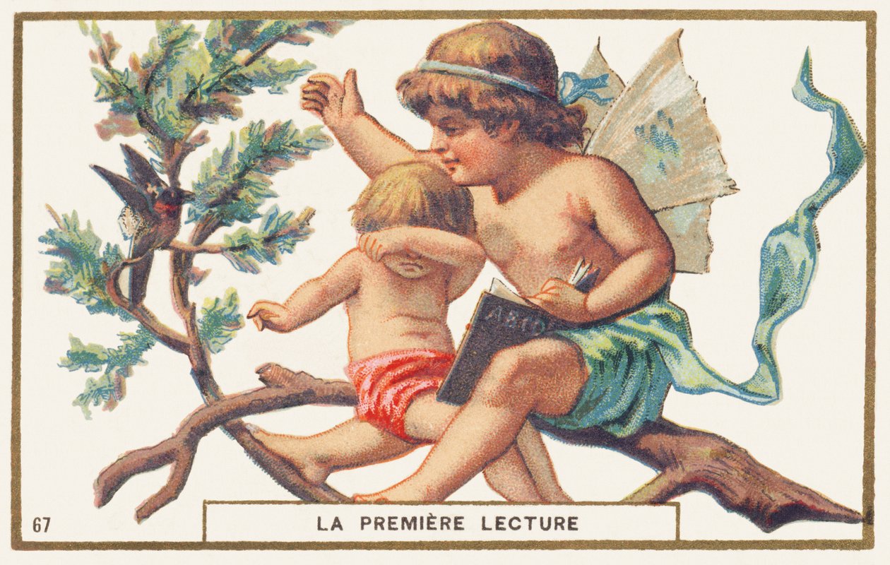 First reading, white background. Advertising chromolithography depicting two children sitting on a branch. The largest, with wings in the back (an angel?) holds an abecedary open in one hand; with his other hand he wants to hunt a bird that bothers the lec by Unbekannter Künstler
