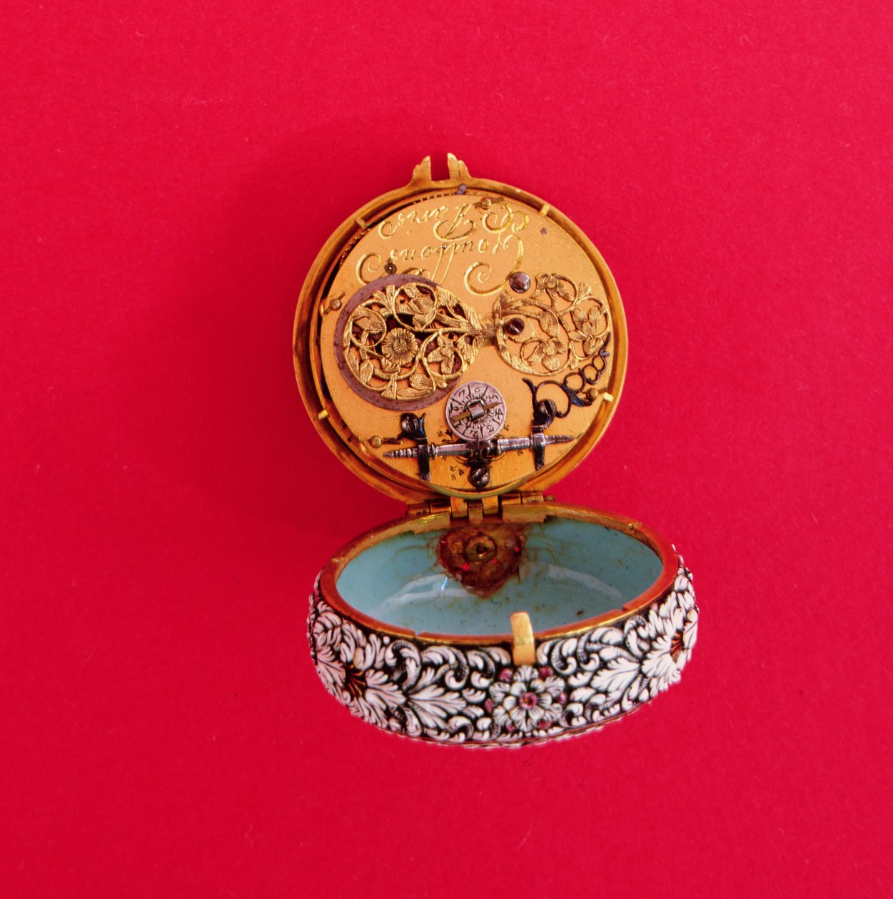 French Pocket Watch with Gold Case Enamelled in Relief with White Flowers and Foliage with Black Markings, by Goullons, c.1650 (showing inner plate) by Unbekannt