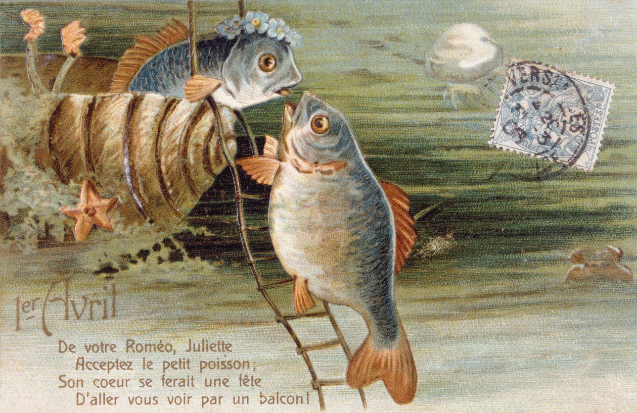 French Postcard with Image of Two Fish by Unbekannter Künstler