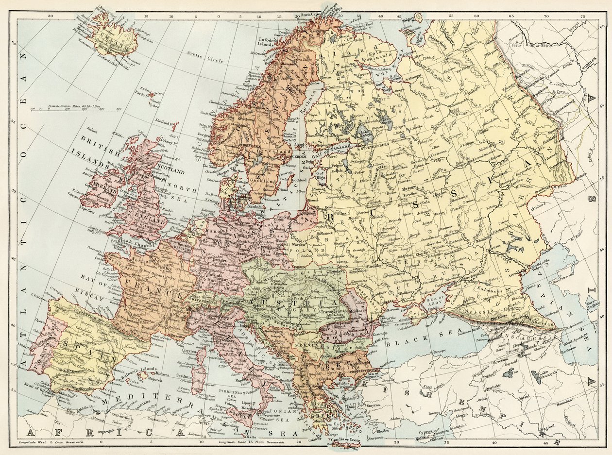 Geographic Map of Europe in the 1870s by Unbekannter Künstler