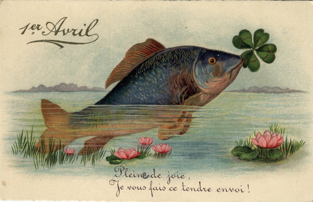 Greeting card for April 1st: fish with a four-leaf clover - Postcard late 19th-20th century by William M. Timlin