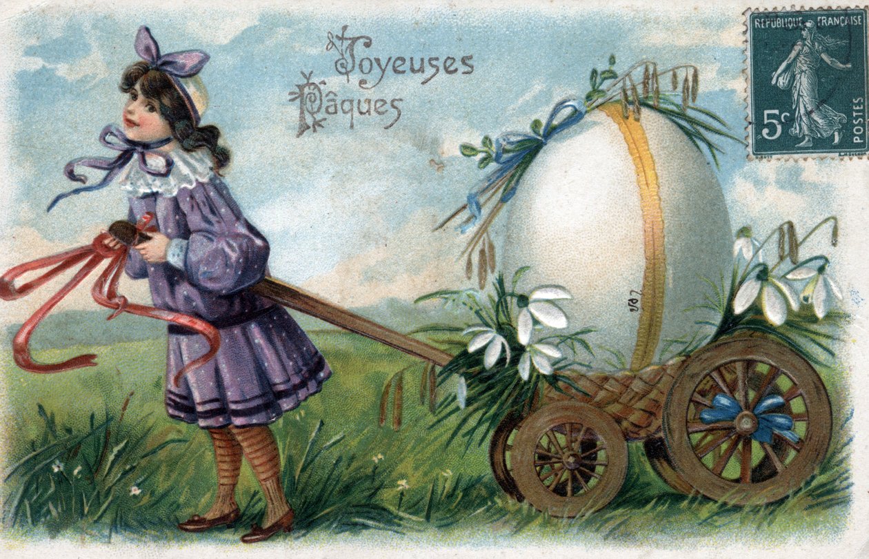 Greeting Card for Easter: A Little Girl Traps a Giant Egg in a Cart by William M. Timlin